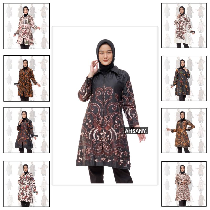 Tunik Batik Sleting Depan Busui Resleting Bisa Seragaman Pernikahan HRB2611 Panjang Lengan Muslimah Warna Hitam Batik Motif