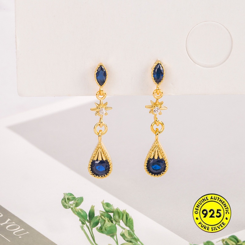 Anting Tusuk Lapis Emas 18K Hias Berlian Biru Gaya Vintage Untuk Wanita