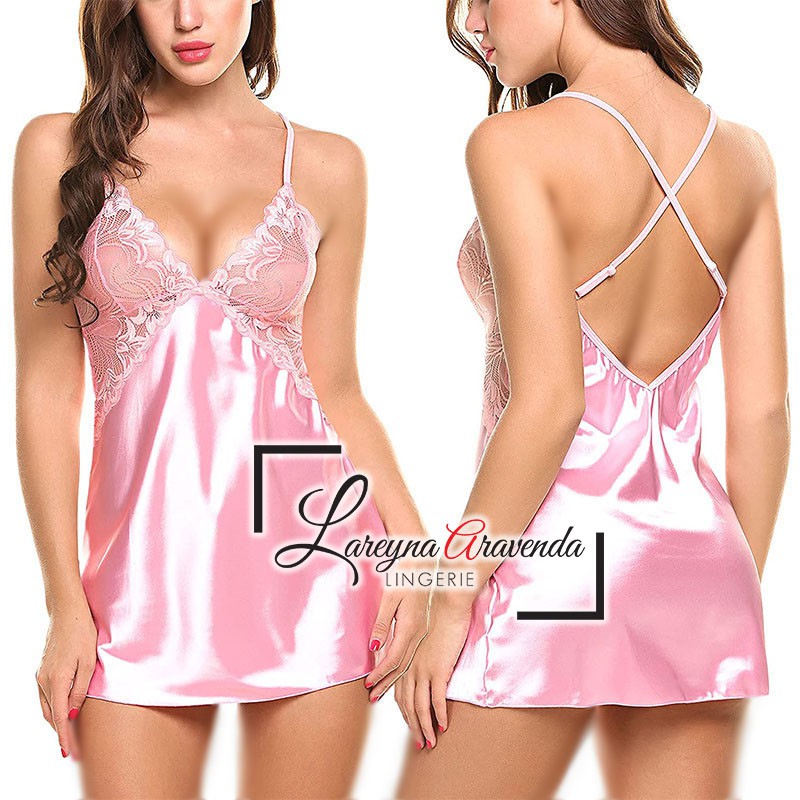 Set Lingerie + G String Seksi Model Lace Nightdress Sexy Suit Satin LG260