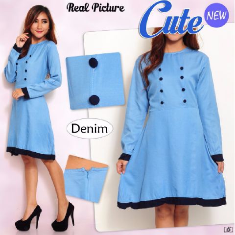 Dress Wanita Korea [ Dress Cute SW] pakaian wanita dress warna denim 36PUG