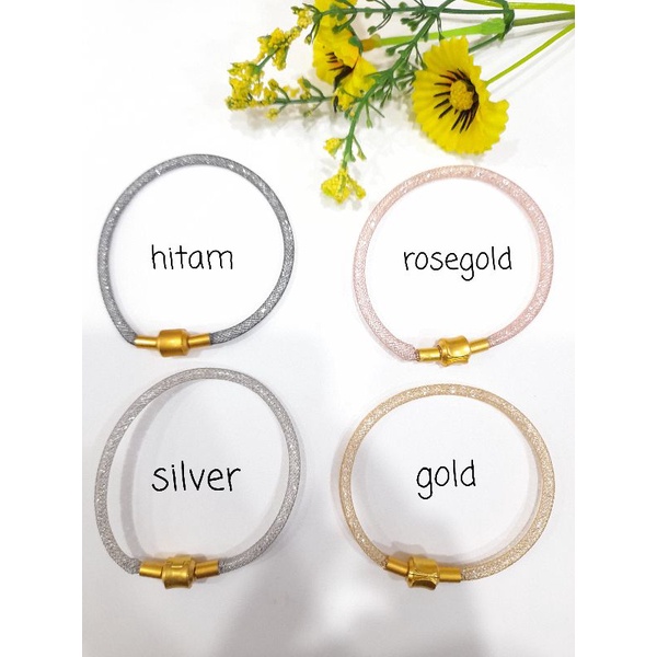 Gelang Gliter Kristal Tali Kawat Pandora Kunci Gold Free Karet Stopper(pembatas gelang)