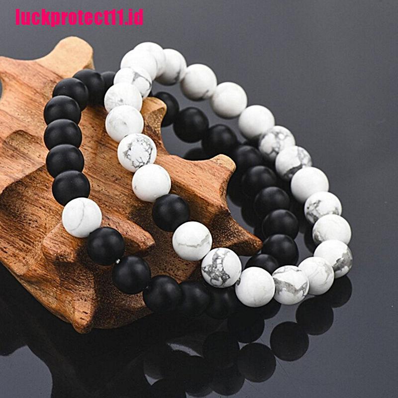 (LUCK) 2pcs / Set Gelang Manik Lava Tulisan His &amp; Hers Untuk Pasangan / Pria / Wanita