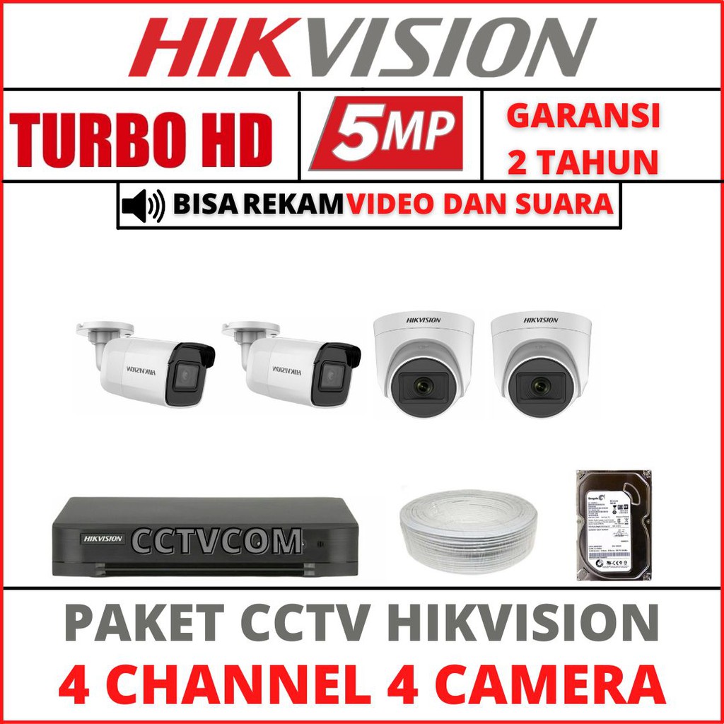 PAKET CCTV HIKVISION 4 CHANNEL 4 KAMERA 5MP 3K  TURBOHD/AUDIO KAMERA CCTV KOMPLIT TINGGAL PASANG