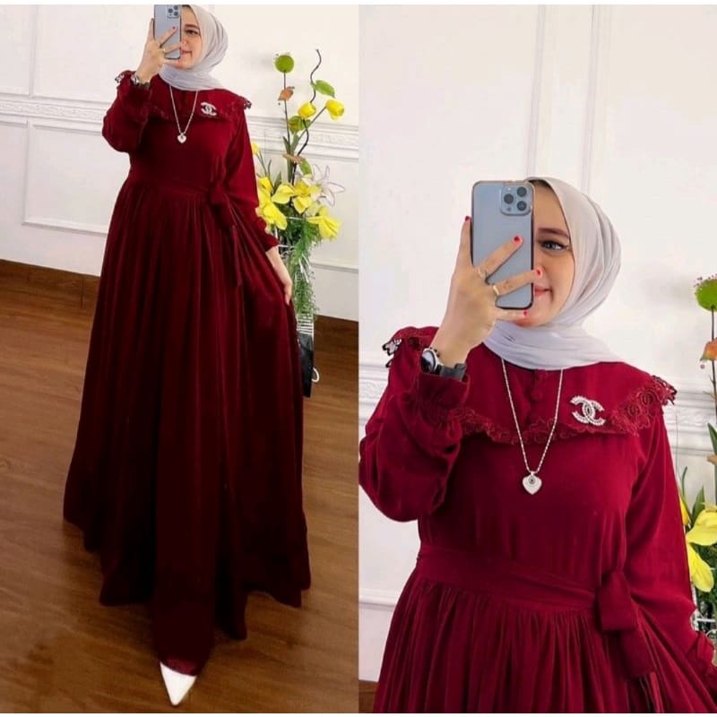 Gamis Terbaru 2022 Ceruty Babydoll Aksen Renda Baju Kondangan Wanita Gamis Pesta Mewah Elegan Long Dress Muslim Naraya Dress