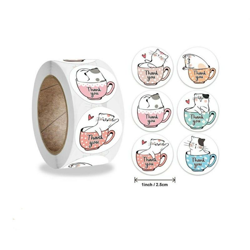 Stiker lebel motif bulat thank you / tempelan stiker tulisan thanks you isi 100 pcs-Kucing