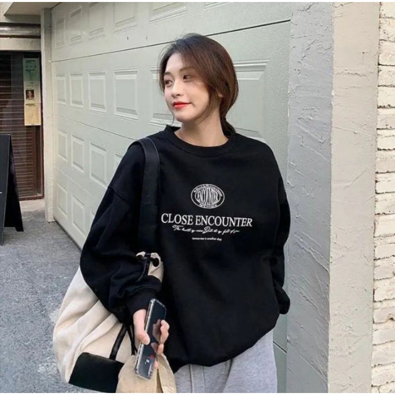 SWEATER WANITA CLOSE ECOUNTER SWEATER HITAM TULISAN MURAH BAJU WANITA SWEATER KEKINIAN TERBARU