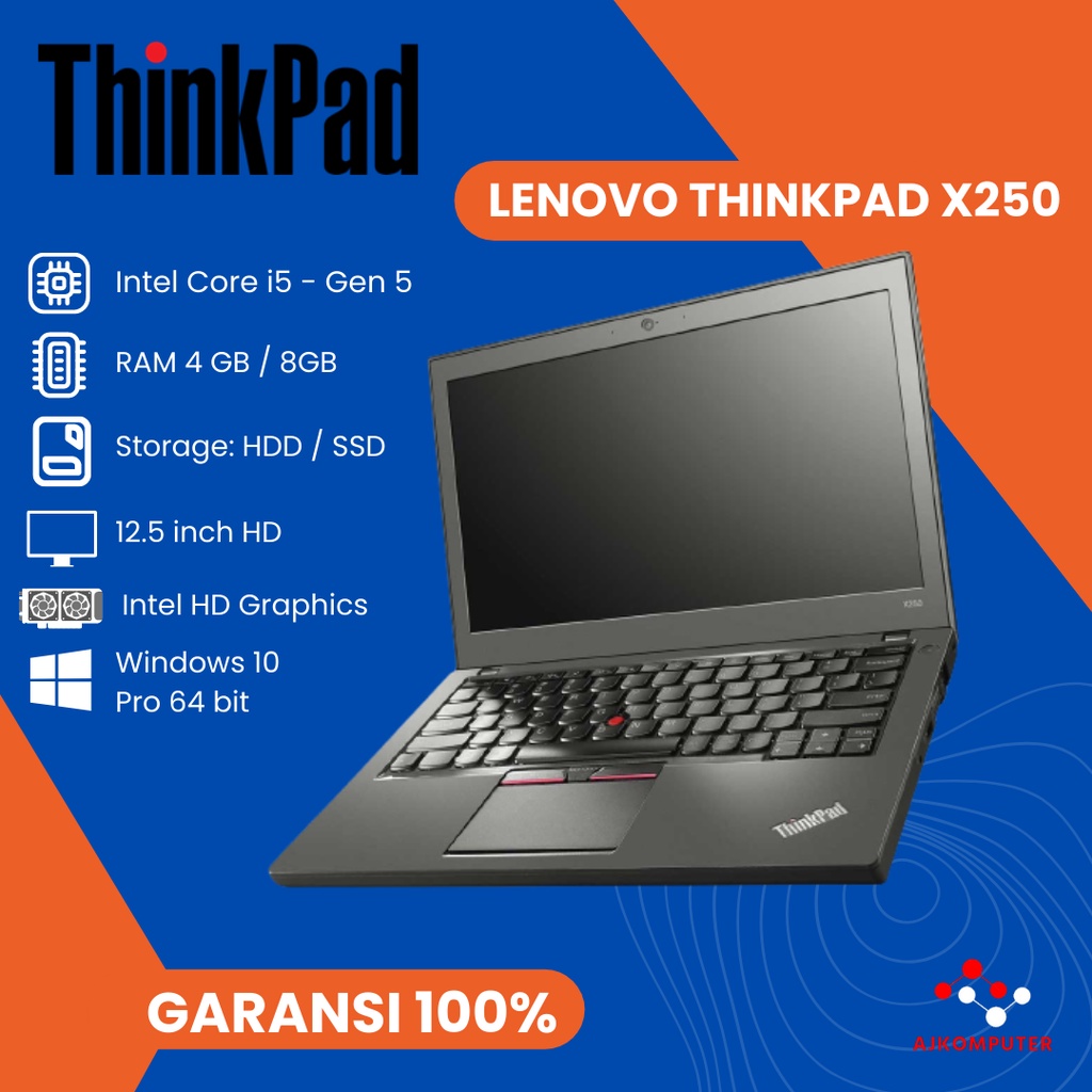 laptop lenovo thinkpad x250 intel core i5 gen 5 ram 8gb ssd 512gb layar 12 5 inch intel hd siap paka