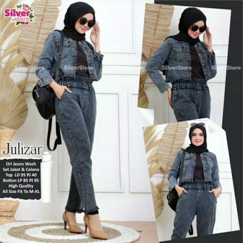 One Set Jaket Crop Jeans Snow Wanita Set