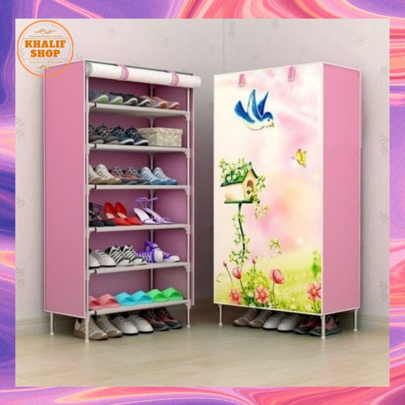 Rak Lemari Sepatu Portable Tulang Pipa Kokoh Penutup Motif Random