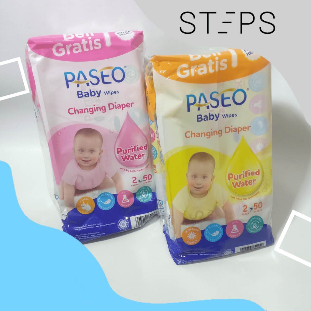 Paseo Baby Tissue Basah Chamomile / Promo (Buy 1 Get 1 FREE)  50 Sheets x 2 Packs