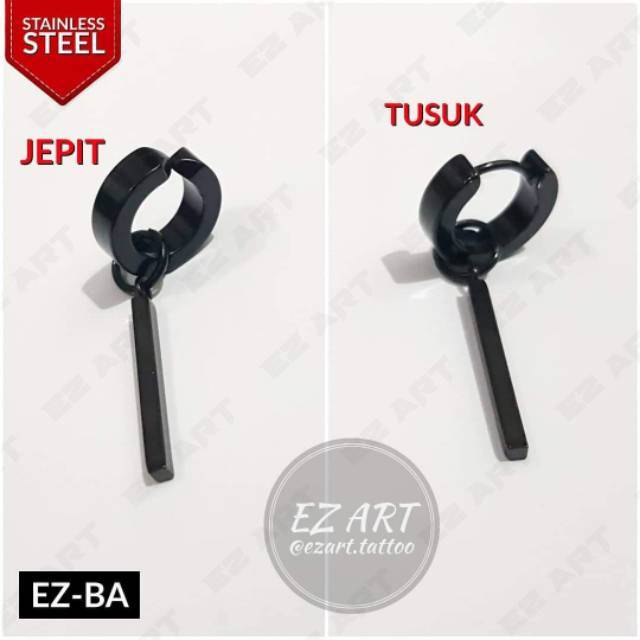 1Pc Model EZ-BA Black Hitam Anting Pria Wanita Jepit Tusuk Variasi Bandul