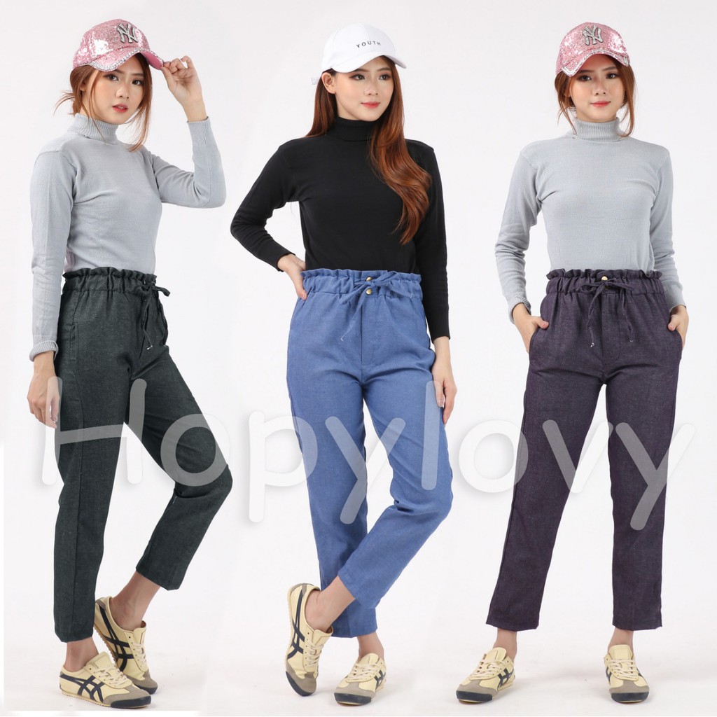 HOPYLOVY - Celana Panjang Wanita Katun Denim Full Pinggang Karet / Miya Pants