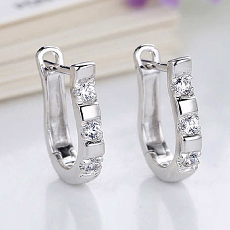 1 Pasang Anting Hoop Sterling Silver 925 Dengan Batu Permata Putih Untuk Wanita