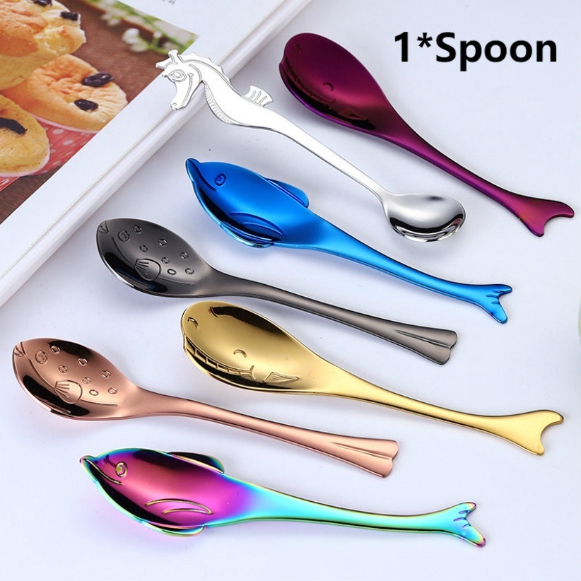 Creative Cute Seahorse Shark Dolphin Stainless Steel Coffee Hanging Spoon Tableware for Kitchen