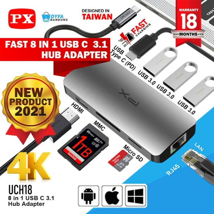 Converter Hub Adapter 8 in 1 4K USB Type C 3.1 USB HDMI PX UCH18