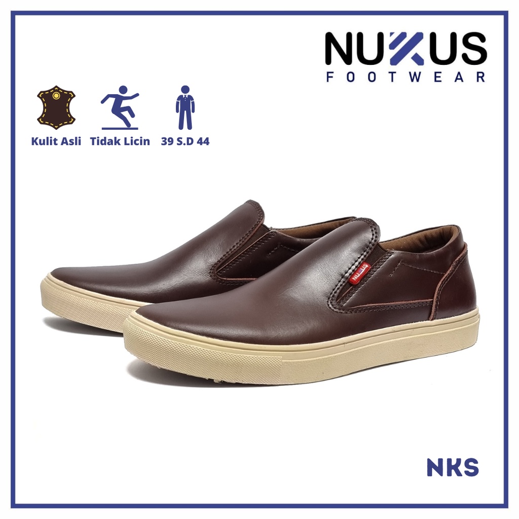 Nukus Sepatu Pria Kasual Slip On Classic Kulit Sapi Asli Coklat - NKS