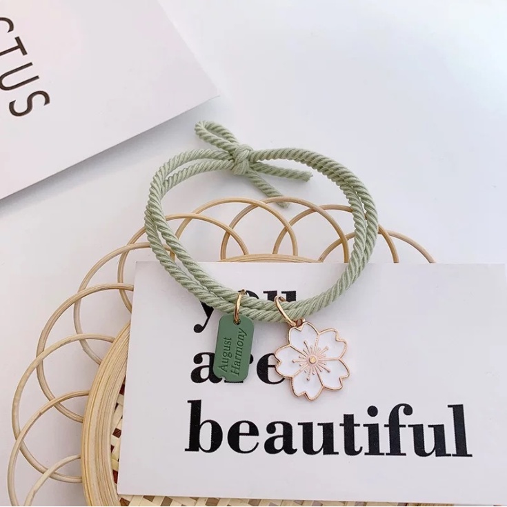 Gelang ikat rambut Daisy Sunflower Sakura elastis awet Gaya Korea-Sakura White Green