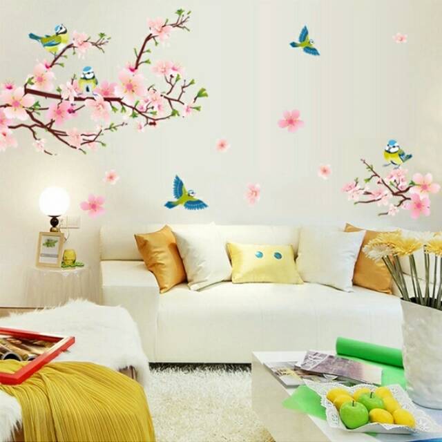 RELIZA WALL STICKER BUNGA SAKURA BIRDS BURUNG FLOWER PINK STIKER DINDING AY9189