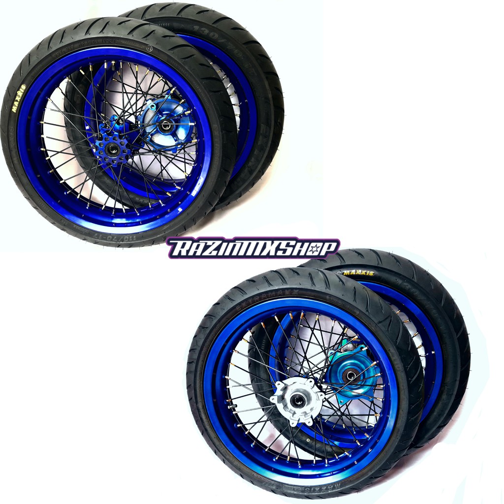 Wheelset Supermoto Honda CRF 300/350 Ring 17 Warna Biru Ban Maxxis