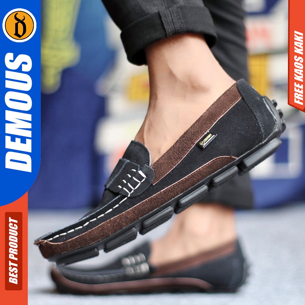 DEMOUS AHARON Sepatu Slip On Casual Slop Kulit Suede Kasual Selop