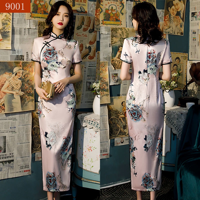 2022 summer new cheongsam long style retro slim fashion daily performance silk improved cheongsam dr