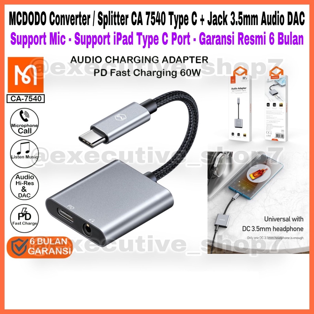 MCDODO Converter/Splitter CA 7540 Type C + Jack 3.5mm Audio DAC - Mic