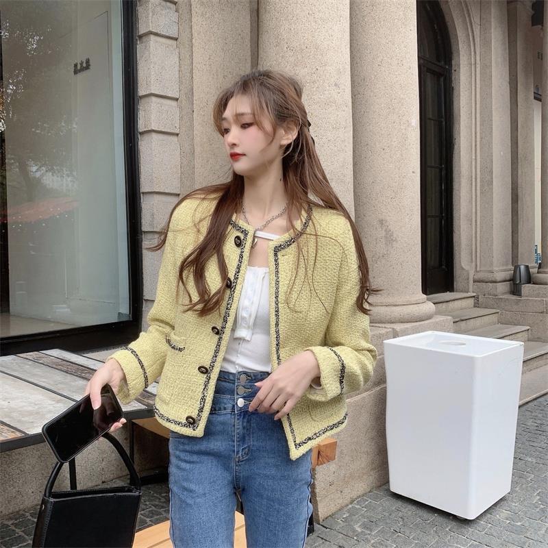 jaket korean style wanita yellow small tweed short coat spring French retro lady style