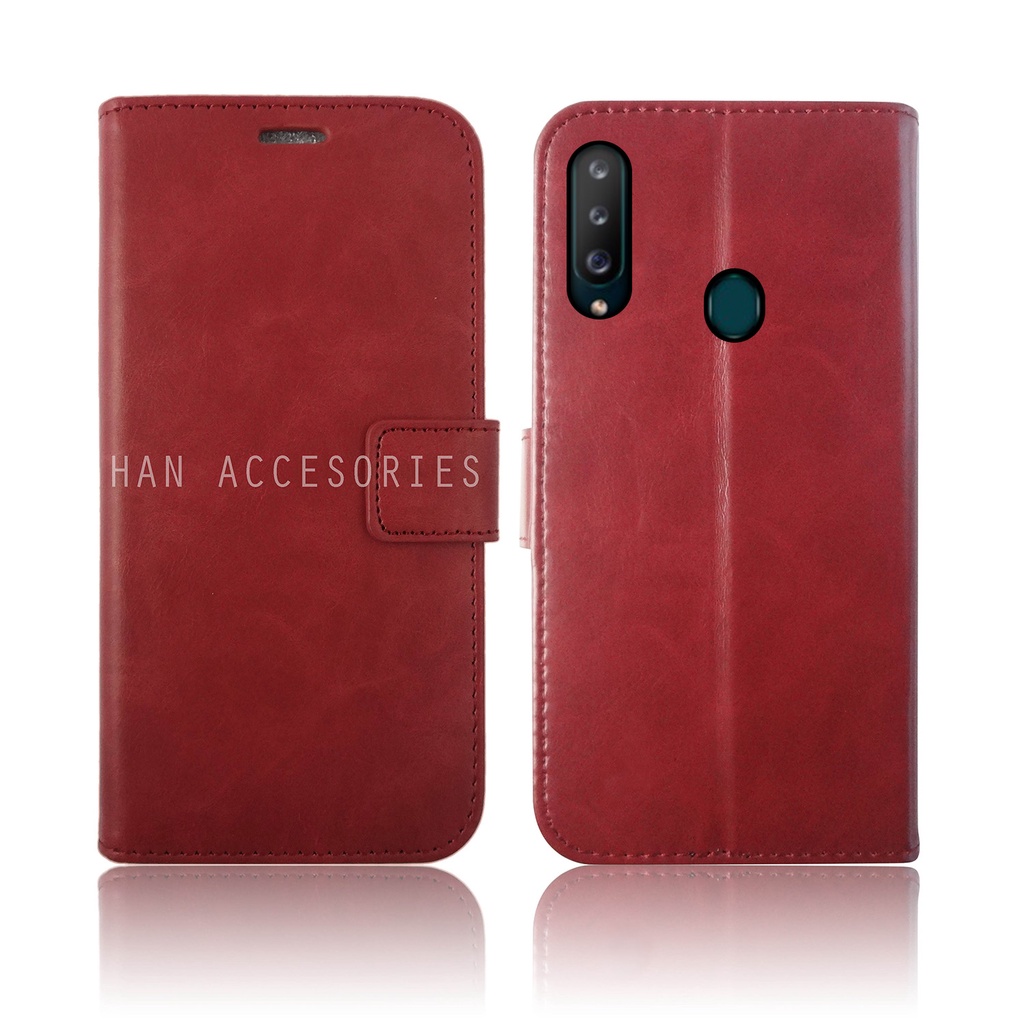 (PAKET HEMAT) Fashion Selular Flip Leather Case Samsung Galaxy A20S Flip Cover Wallet Case Flip Case + Nero Temperred Glass