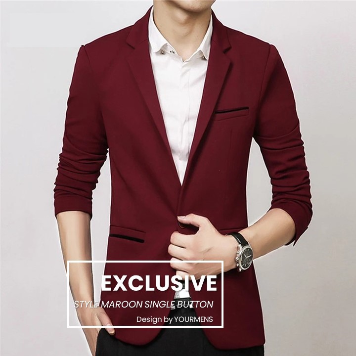 BLAZER PRIA SLIMFIT TRENDY EXCLUSIVE IN MAROON SINGLE BUTTON DESIGN PREMIUM ORIGINAL NIKAYU