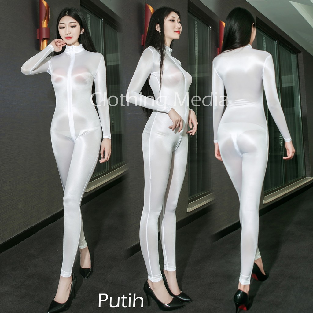 Full Bodysuit Shiny Premium Silky Halus Jumpsuit Glossy Transparan Zipper