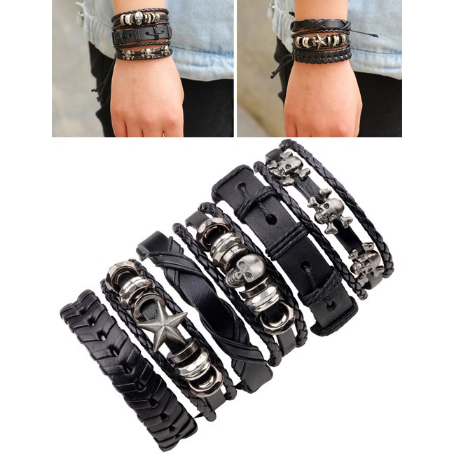 LRC Gelang Tangan Fashion Black Skull Decorated Pure Color Bracelet(6pcs)