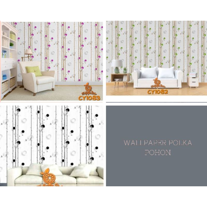 WALLPAPER POLKA POHON HITAM UNGU HIJAU CY1082 CY1083 CY1084 STICKER 45CMX5M WALPAPER DINDING RUANG T