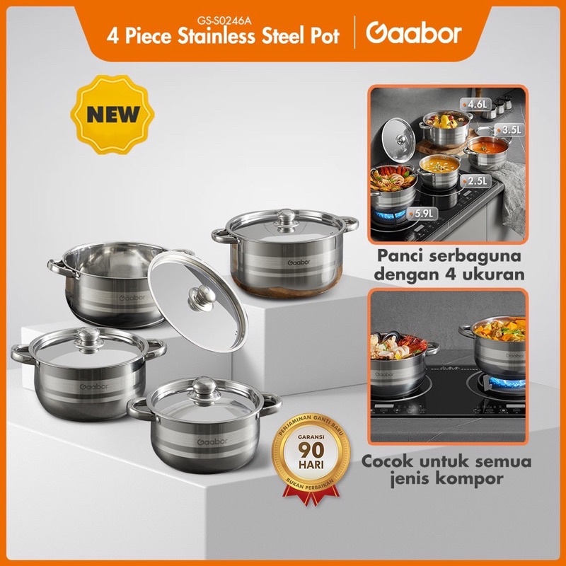 Gaabor Panci Sop Set 4 Ukuran Stainless Steel Tutup Kaca Food Grade / GS-S0246A