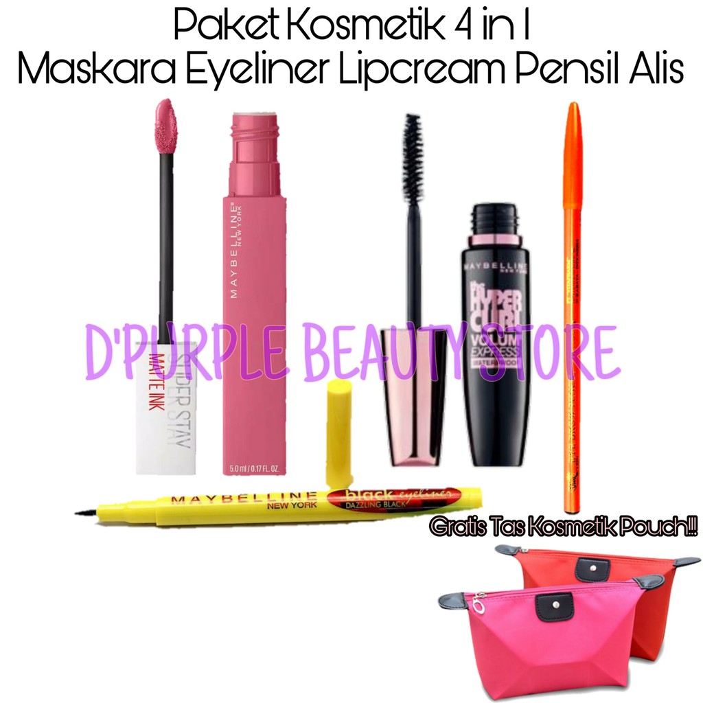 Paket Kosmetik Maybelline 3 In 1 -Maskara -Eyeliner -Lipcream -Pensil Alis  -Gratis Tas Kosmetik