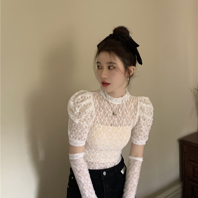 Chic Lace Shirt Top Lengan Puff Kemeja Sifon Pullover