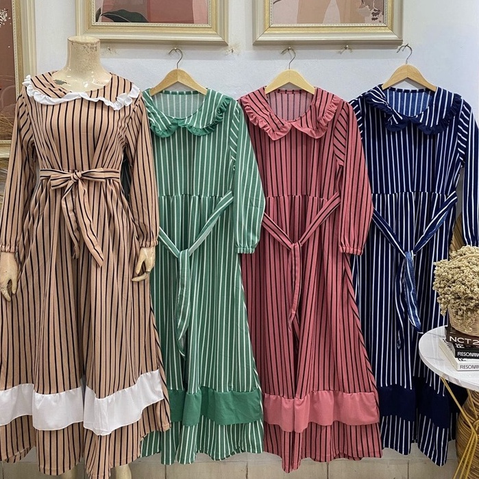 Gamis rempel 2 susun kerah salur hitam putih tali pingggang bahan voxy premium merk latin