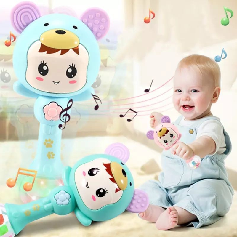 Mainan Tongkat Rattle Teether+Musik+Lampu Kelap-kelip Bentuk Kartun untuk Bayi