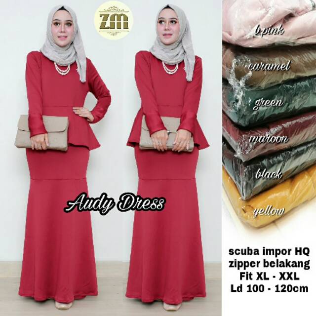 Audy Maxi Dress - Gamis Wanita Dewasa Bahan Scuba Import Strech Model Peplum Motif Polos