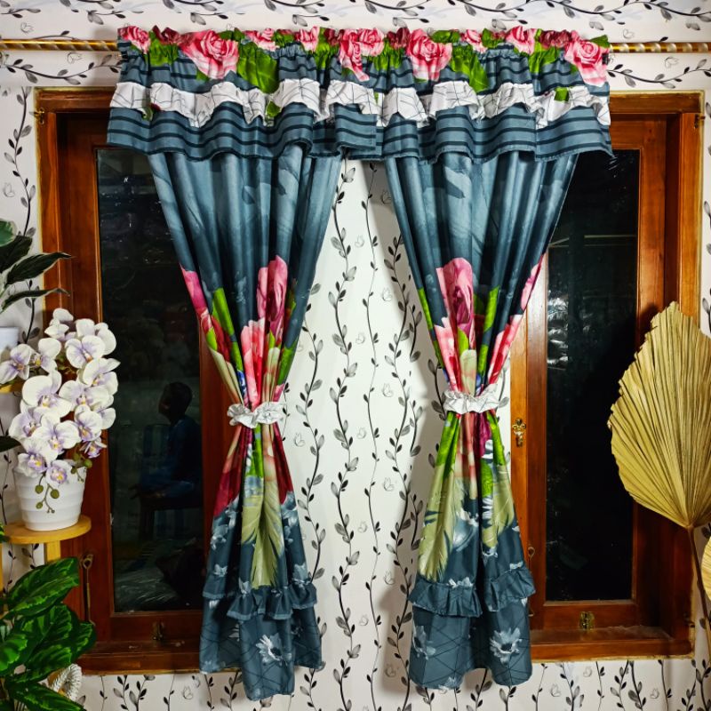 Gorden jendela serut rumbai HORDENG cantik TIRAI minimalis Motif bunga