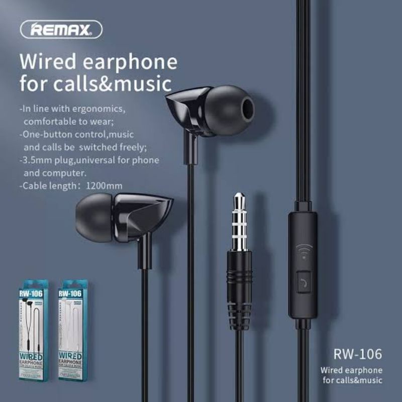 Remax Wired Earphone Type RW-106 / Remax Wired Earphone For Calls &amp; Music / Remax Earphone