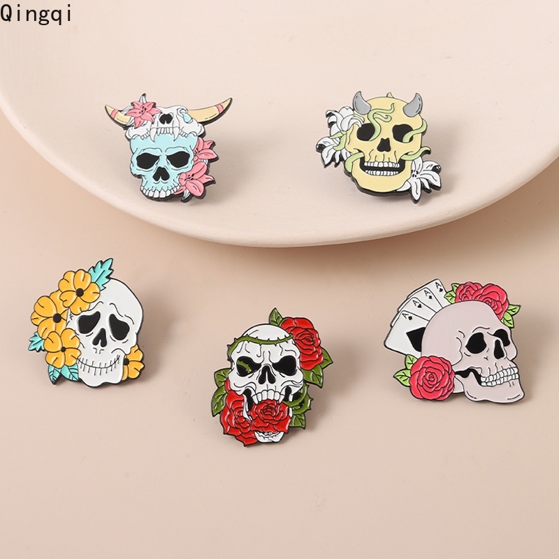 Bros Pin Enamel Bentuk Tengkorak Mawar Warna-Warni Gaya Gothic Untuk Anak