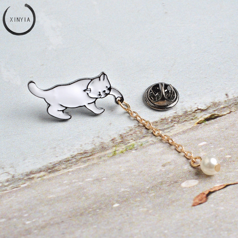 Kreatif Kecil Yang Lucu Putih Mutiara Kucing Bros Pins Chic Fashion Jewelry Bros