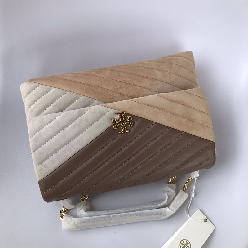 TB Kira Chevron Mixed Materials Convertible Shoulder Bag Light Taupe