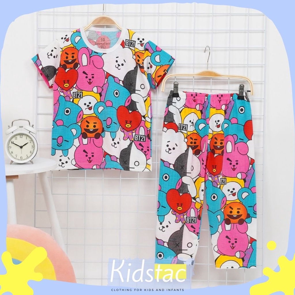 BT21 Baju Tidur Piyama Anak Perempuan Setelan Bahan Kaos Katun Lengan Panjang Usia 1 - 6 Tahun Set C