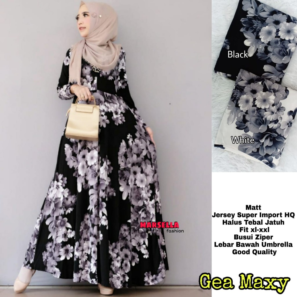 Gea Maxy Best Seller Gamis Motif Bunga Bahan Jersey Super Import Halus Tebal Jatuh Fit XL-XXL Busui