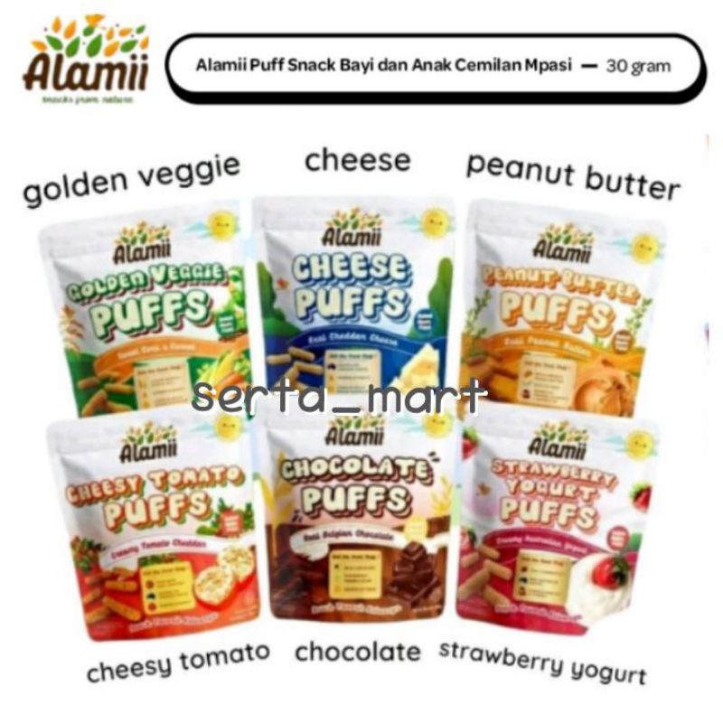 

Alamii Puffs 25gr - Snack Sehat Bayi / Anak - Cheese / Golden Veggie / Strawberry / Peanut Butter