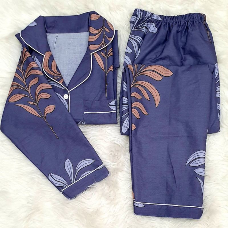 Baju tidur wanita piyama PP bahan soft katun adem lembut all size-Daun grey