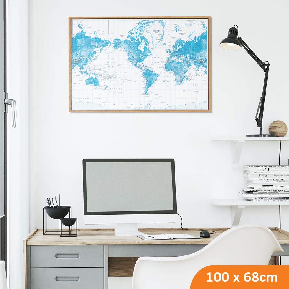 Peta dunia PREMIUM world map hiasan dinding custom ukuran besar dengan bingkai frame kayu jati 100x6