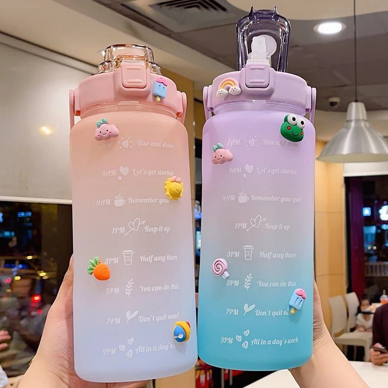 Botol Time Rainbow - Botol Minum Viral 2 liter kekinian korea Plus Stiker - Botol Viral Penanda Waktu