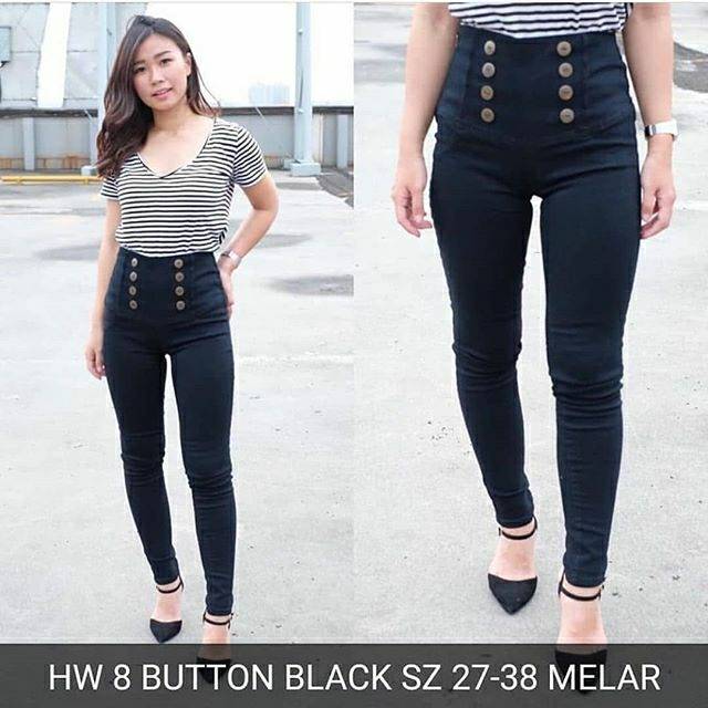 Jual Celana Jeans Wanita HW Highwaist 8 Button Black Kancing Hitam Skinny  Stretch Big Size Bigsize Jumbo | Shopee Indonesia